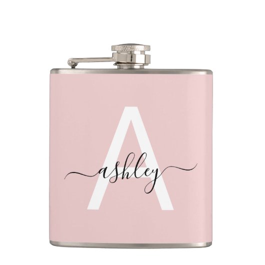 Blush Pink Monogram Schattige Girly Script Heupfles (Voorkant)