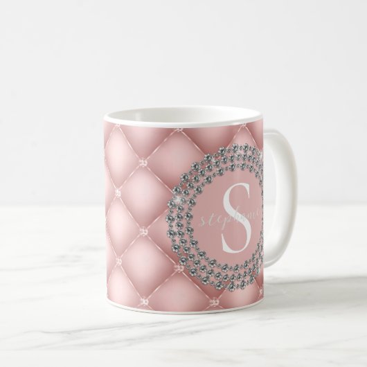 Blush Pink Monogram Sparkly Diamonds Tufed Custom Koffiemok (Voorkant rechts)