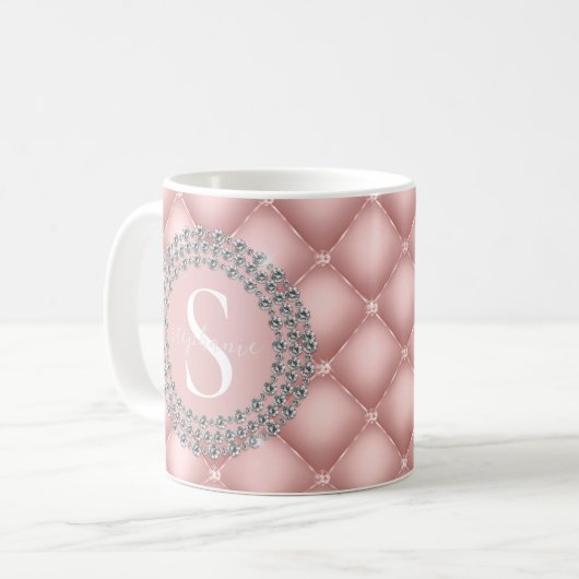 Blush Pink Monogram Sparkly Diamonds Tufed Custom Koffiemok (Voorkant links)