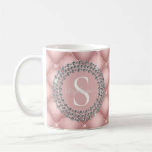 Blush Pink Monogram Sparkly Diamonds Tufed Custom Koffiemok