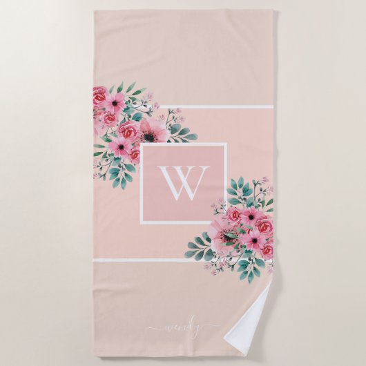 Blush Pink Monogram Waterverf Flowers Strandlaken (Voorkant)
