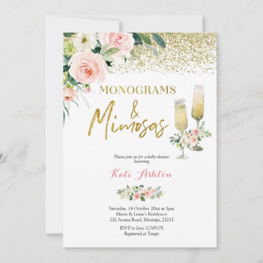 Blush Pink Monograms and Mimosas Bridal Shower Kaart (Voorkant)