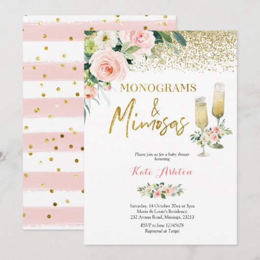 Blush Pink Monograms and Mimosas Bridal Shower Kaart (Voorkant / Achterkant)