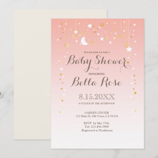 Blush Pink Moon Star Girl Baby shower Uitnodigen Kaart (Voorkant / Achterkant)