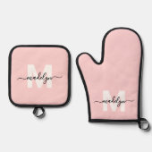 Blush Pink Naam Monogram Keuken Ovenwant & Pannenlap Set (Voorkant)