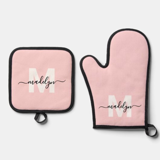 Blush Pink Naam Monogram Keuken Ovenwant & Pannenlap Set (Voorkant)