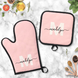 Blush Pink Naam Monogram Keuken Ovenwant & Pannenlap Set