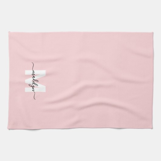 Blush pink name monogram theedoek (Horizontaal)