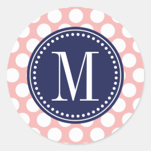 Blush Pink & Navy Big Polka Dots Monogramed Ronde Sticker