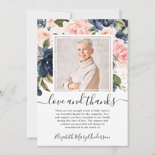 Blush Pink Navy Bloemen Dank u Verdieping Foto Bedankkaart (Voorkant)