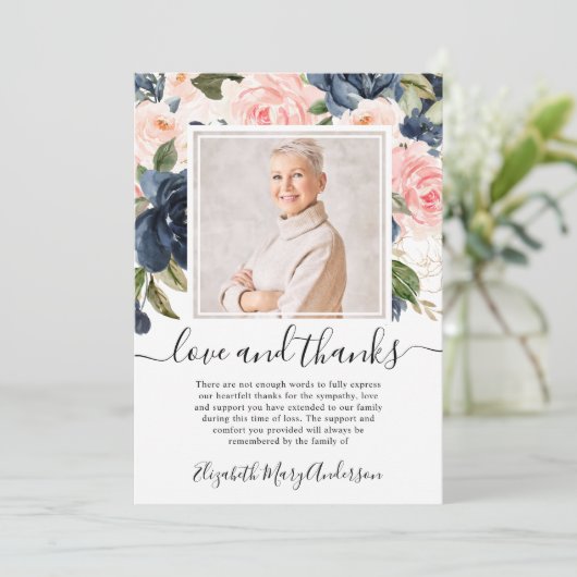 Blush Pink Navy Bloemen Dank u Verdieping Foto Bedankkaart (Staand voorkant)
