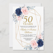 Blush Pink & Navy Blue 50ste bruiloft Jubileum Kaart (Voorkant)