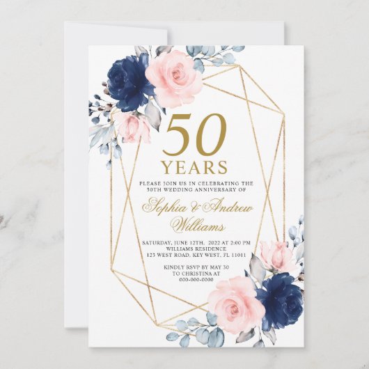 Blush Pink & Navy Blue 50ste bruiloft Jubileum Kaart (Voorkant)