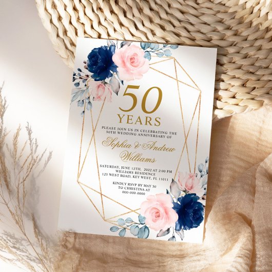 Blush Pink & Navy Blue 50ste bruiloft Jubileum Kaart