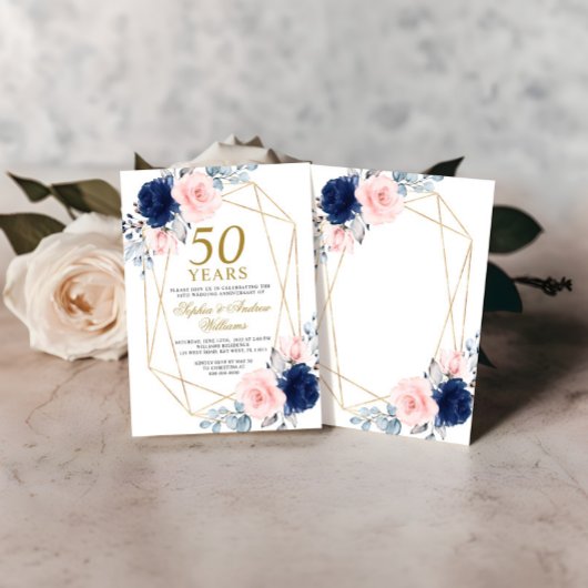 Blush Pink & Navy Blue 50ste bruiloft Jubileum Kaart