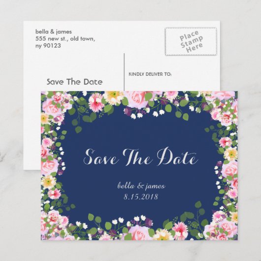 Blush Pink Navy Blue Bewaar de datum Briefkaarten (Voorkant / Achterkant)