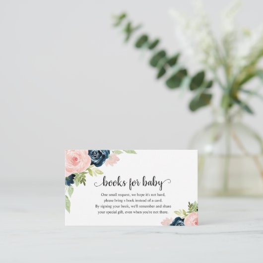 Blush Pink Navy Blue Floral Baby shower Informatiekaartje (Staand voorkant)