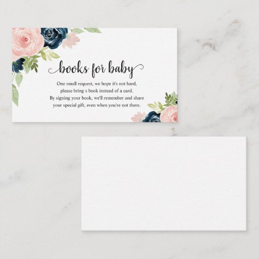 Blush Pink Navy Blue Floral Baby shower Informatiekaartje (Voorkant / Achterkant)