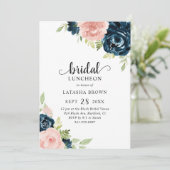 Blush Pink Navy Blue Floral Bridal Luncheon Kaart (Staand voorkant)