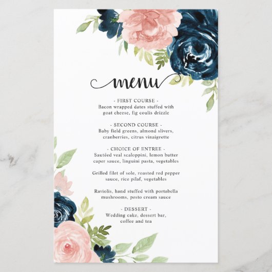 Blush Pink Navy Blue Floral Elegant Wedding Menu (Voorkant)