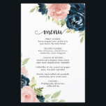 Blush Pink Navy Blue Floral Elegant Wedding Menu<br><div class="desc">Rustic floral bruiloft menu met elegante waterverf beschilderde bloemen in wazige roze en blauw van de marine. De blauwe roze rozen maken dit menu geweldig voor een lenteverbruiloft en de marineblauwe rozen maken het geweldig voor een herfstbruiloft. Deze goedkope trouwmenu's zijn op vellen papier gedrukt voor een budgetvriendelijke optie.</div>