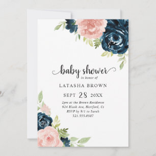 Blush Pink Navy Blue Floral Girl Baby shower Kaart