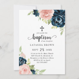 Blush Pink Navy Blue Floral Girl Baptisme Kaart