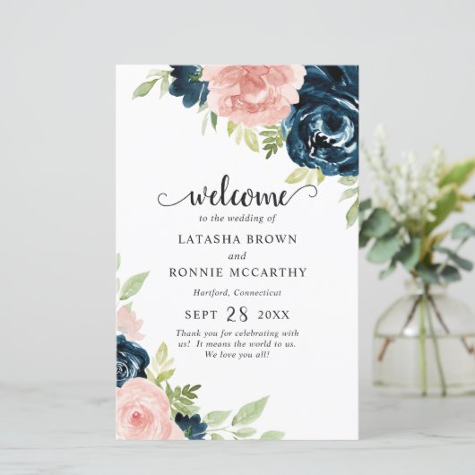 Blush Pink Navy Blue Floral Modern Wedding Program (Staand voorkant)