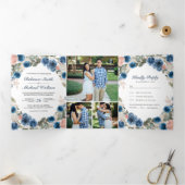 Blush Pink Navy Blue Floral Photo Collage Weddensc Drieluik Uitnodiging (Binnen)