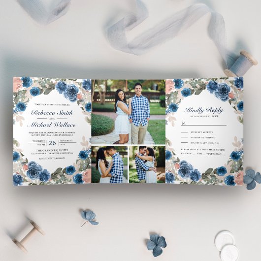 Blush Pink Navy Blue Floral Photo Collage Weddensc Drieluik Uitnodiging