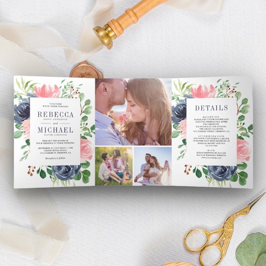 Blush Pink Navy Blue Floral Photo Collage Weddensc Drieluik Uitnodiging