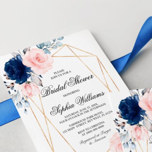 Blush Pink & Navy Blue Floral Vrijgezellenfeest Kaart