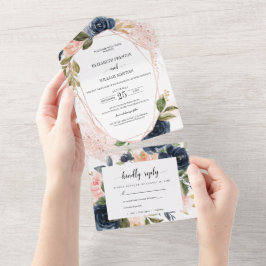 Blush Pink Navy Blue Floral Weddenschap met RSVP All In One Uitnodiging