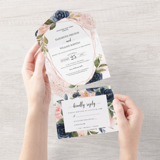 Blush Pink Navy Blue Floral Weddenschap met RSVP All In One Uitnodiging (Afscheurbaar)