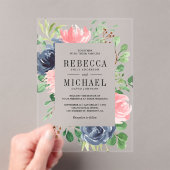 Blush Pink Navy Blue Floral Wedding Acryl Uitnodigingen (Insitu (Draagbaar))