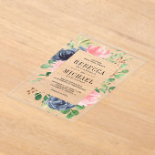 Blush Pink Navy Blue Floral Wedding Acryl Uitnodigingen (Laagn)