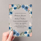 Blush Pink Navy Blue Floral Wedding Acryl Uitnodigingen (Insitu (Draagbaar))