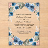 Blush Pink Navy Blue Floral Wedding Acryl Uitnodigingen (Voorkant)