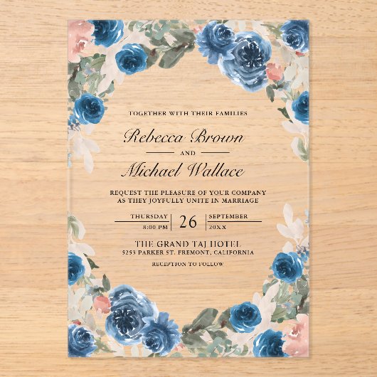 Blush Pink Navy Blue Floral Wedding Acryl Uitnodigingen (Voorkant)