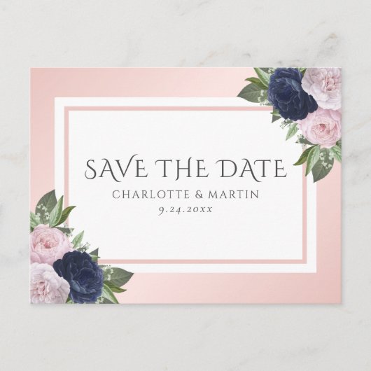 Blush Pink Navy Blue Floral Wedding Save the Date Aankondigingskaart (Voorkant)