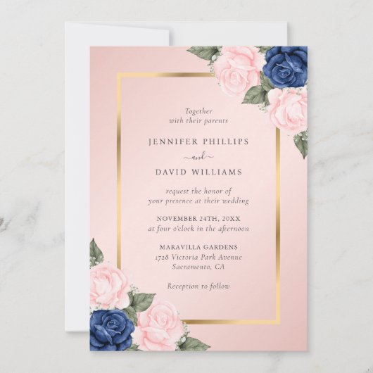 Blush Pink Navy Blue Gold Floral Weddenschap Kaart (Voorkant)