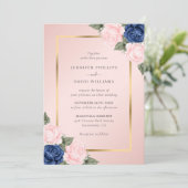 Blush Pink Navy Blue Gold Floral Weddenschap Kaart (Staand voorkant)