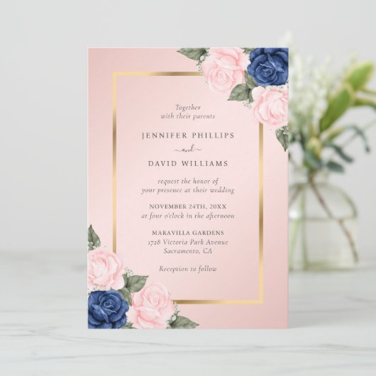 Blush Pink Navy Blue Gold Floral Weddenschap Kaart (Staand voorkant)