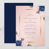 Blush Pink Navy Blue Gold Floral Weddenschap Kaart (Voorkant / Achterkant)