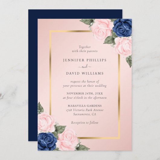 Blush Pink Navy Blue Gold Floral Weddenschap Kaart (Voorkant / Achterkant)