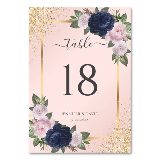 Blush Pink Navy Blue Gold Floral Weddenschap Kaart (Voorkant)