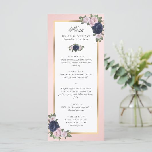Blush Pink Navy Blue Gold Floral Weddenschap Menu (Staand voorkant)