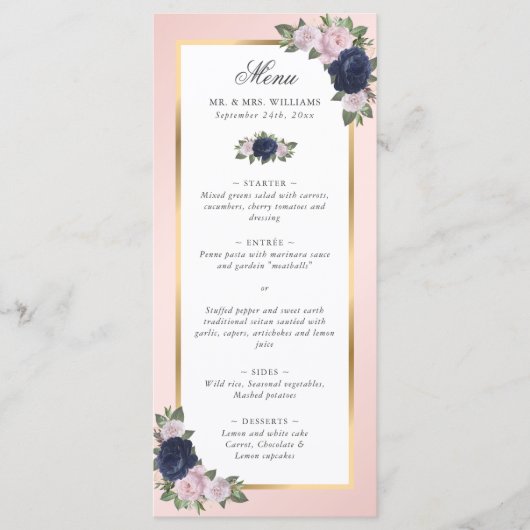 Blush Pink Navy Blue Gold Floral Weddenschap Menu (Voorkant)