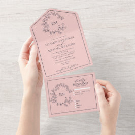 Blush Pink Navy Blue Leafy Crest Monogram Weddensc All In One Uitnodiging