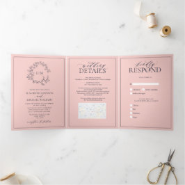 Blush Pink Navy Blue Leafy Crest Monogram Weddensc Drieluik Uitnodiging